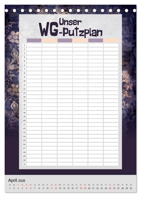 Produktbild: Gothic WG-Putzplan & Kalender 2026 (Tischkalender 2026 DIN A5 hoch), CALVENDO Monatskalender