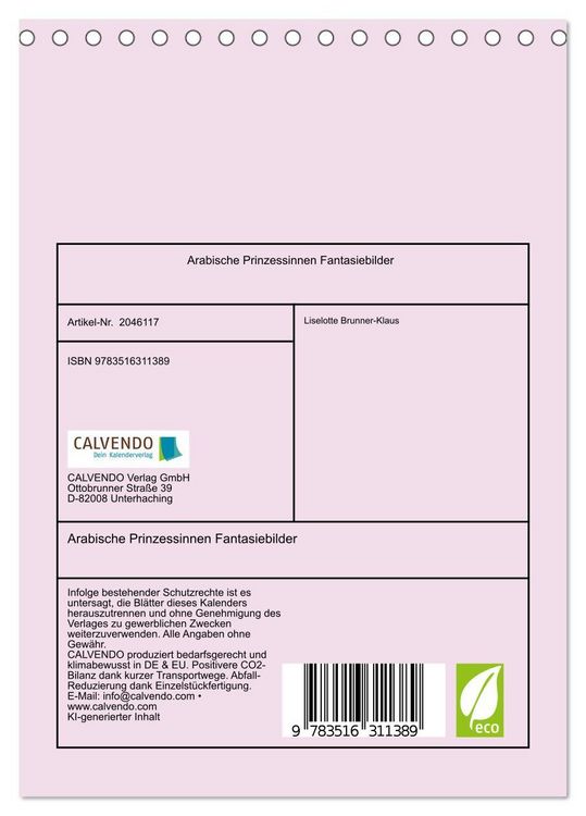 Produktbild: Arabische Prinzessinnen Fantasiebilder (Tischkalender 2026 DIN A5 hoch), CALVENDO Monatskalender