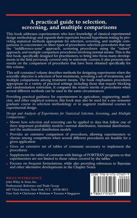 Produktbild: Design and Analysis of Experiments for Statistical Selection, Screening, and Multiple Comparisons