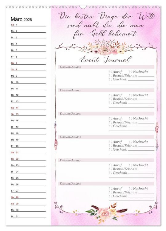 Produktbild: Geburtstagsplaner Boho Rosa - F&uuml;r Termine, Geschenke, Eventdetails & mehr (Wandkalender 2026 DIN A2 hoch), CALVENDO Monatskalender
