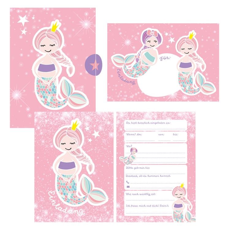 Produktbild: 12 Glitzer Einladungskarten Meerjungfrau zum Geburtstag f&uuml;r M&auml;dchen inkl. Umschl&auml;ge | rosa glitzernde Geburtstagseinladungen f&uuml;r Kinder |