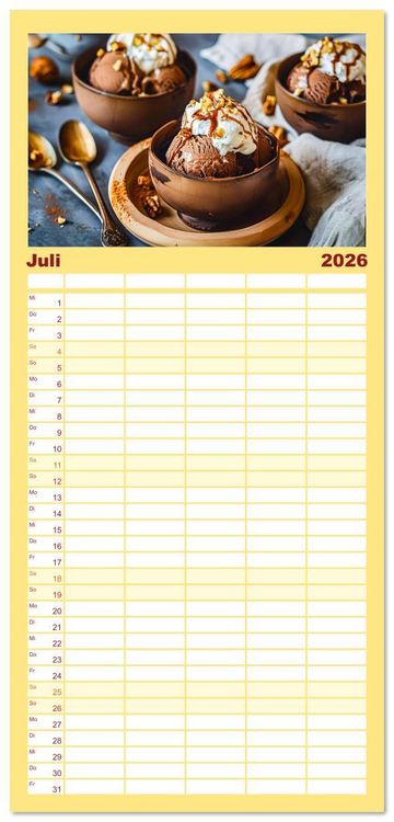 Produktbild: Familienplaner 2026 - Alles Schokolade oder was?! - Hei&szlig;e und kalte Gaumenfreuden aus Schokolade mit 5 Spalten (Wandkalender, 21 x 45 cm) CALVENDO