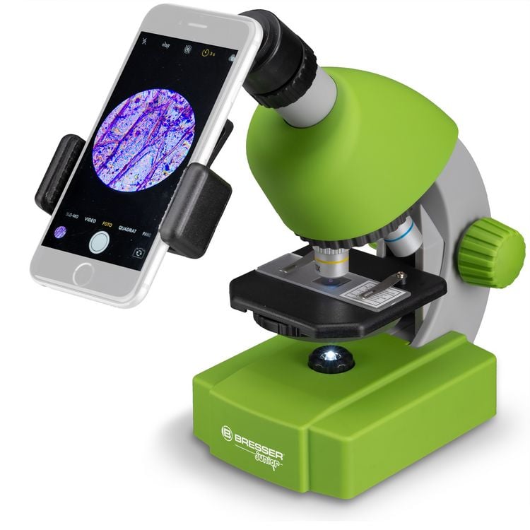 Produktbild: Bresser Junior 13122 - Kinder-Mikroskop (gr&uuml;n) mit 40-640x Vergr&ouml;&szlig;erung mit LED, Zoom-Okular, Smartphonehalter und Urzeitkrebse-Set
