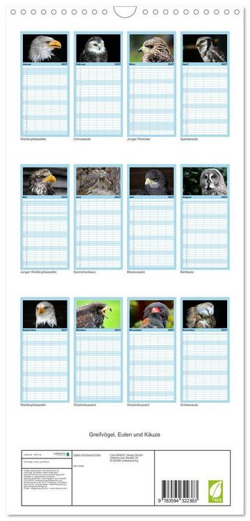 Produktbild: Familienplaner 2027 - Greifv&ouml;gel, Eulen und K&auml;uze mit 5 Spalten (Wandkalender, 21 x 45 cm) CALVENDO