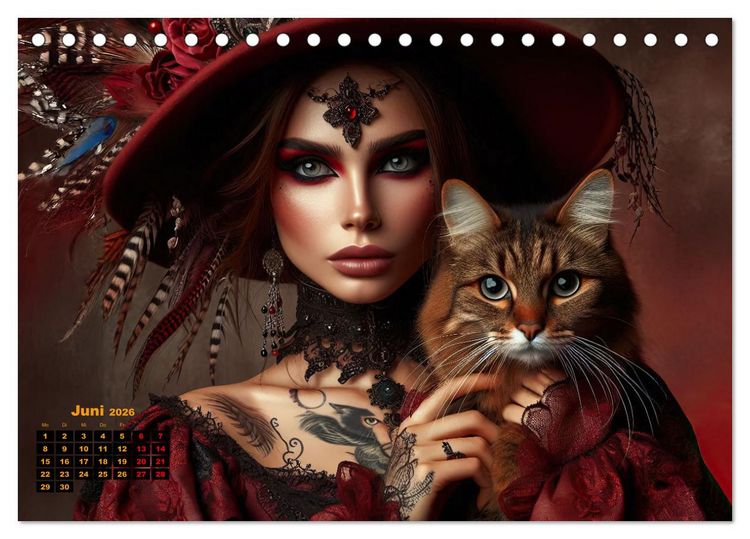 Produktbild: Luxuri&ouml;ser Bohemian Flair - Elegante Frauen mit anmutigen Katzen (Tischkalender 2026 DIN A5 quer), CALVENDO Monatskalender