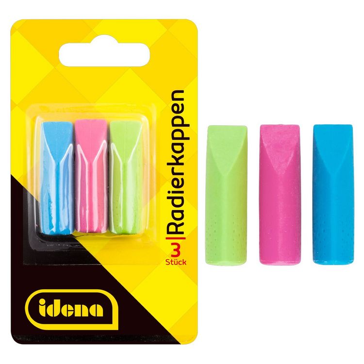 Produktbild: Idena Radierkappen gr&uuml;n/blau/pink 3 St&uuml;ck Blister
