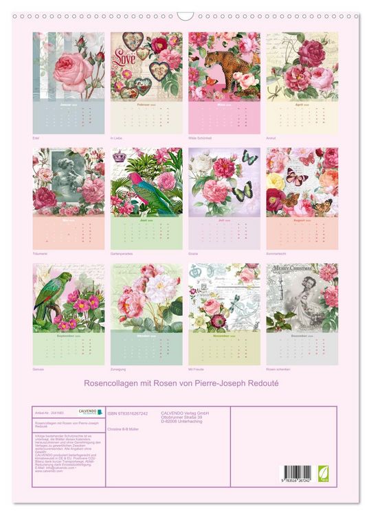 Produktbild: Rosencollagen mit Rosen von Pierre-Joseph Redout&eacute; (Wandkalender 2026 DIN A2 hoch), CALVENDO Monatskalender