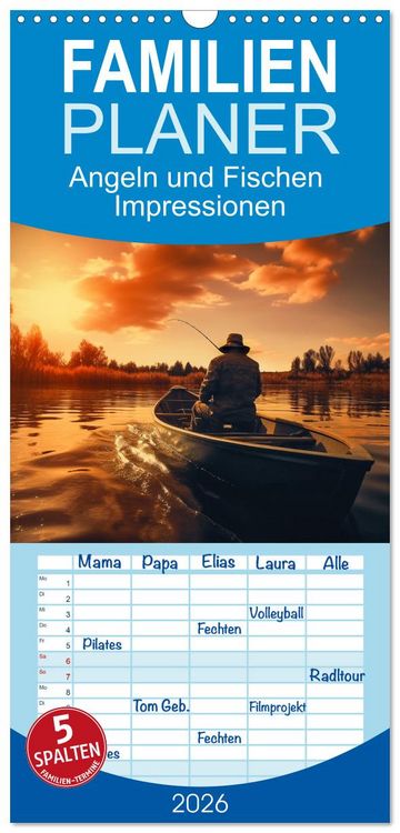Produktbild: Familienplaner 2026 - Angeln und Fischen Impressionen mit 5 Spalten (Wandkalender, 21 x 45 cm) CALVENDO