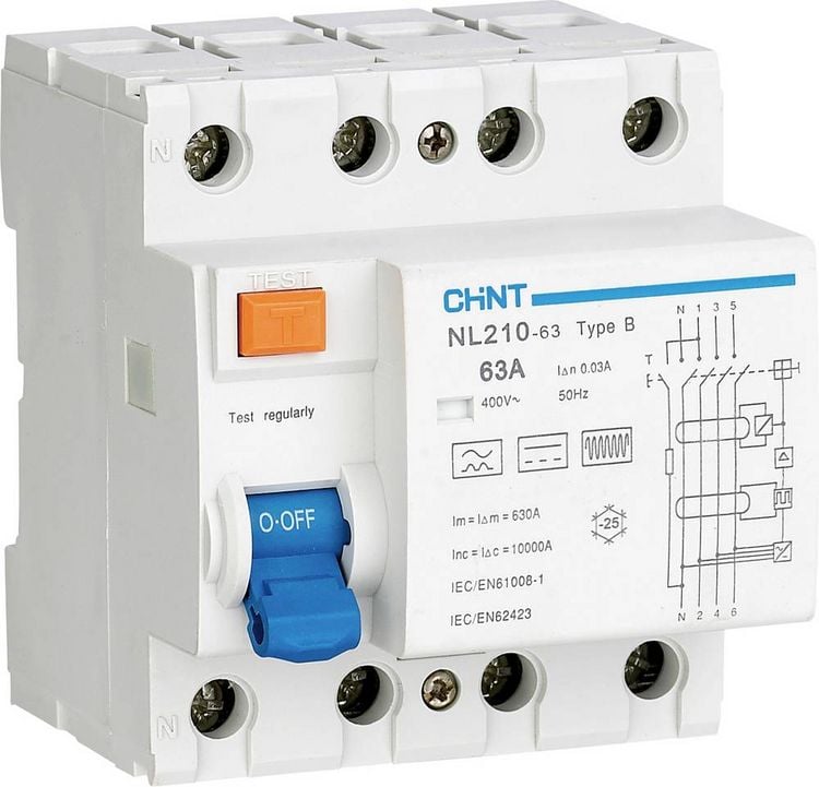 Produktbild: Chint 782010 Fehlerstrom-Schutzschalter allstromsensitiver FI B/10 kA 3polig 63A 0.3A