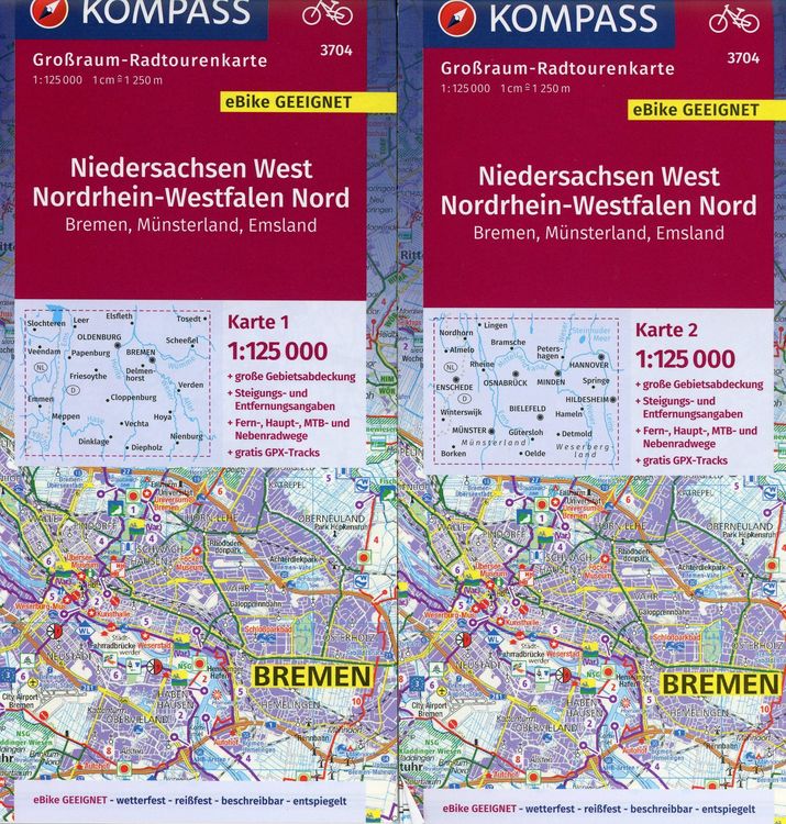 Produktbild: KOMPASS Gro&szlig;raum-Radtourenkarte 3704 Niedersachsen West, Nordrhein-Westfalen Nord 1:125.000