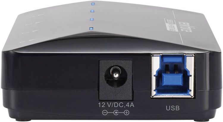 Produktbild: Renkforce RF-3806031 USB-Hub 4 Port USB-A USB 3.0 5 GBit/s mit Schnellladeport, mit Status-LEDs Schwarz