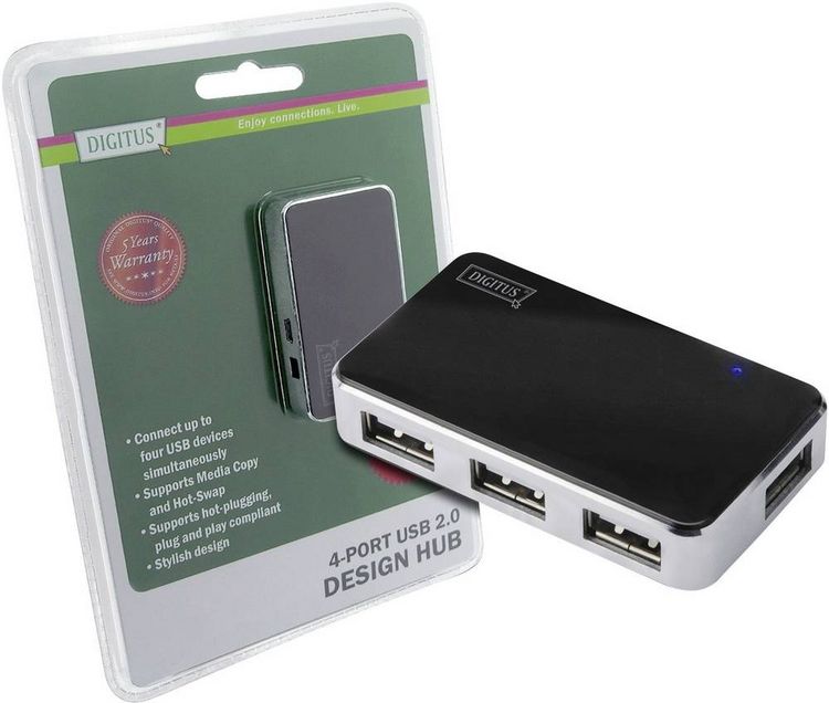 Produktbild: Digitus DA-70220 4 Port USB 2.0-Hub Schwarz, Silber