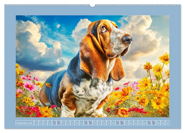 Produktbild: Schlappohren-Zauber. Fr&ouml;hliche Bassets in bunten Momenten (hochwertiger Premium Wandkalender 2026 DIN A2 quer), Kunstdruck in Hochglanz