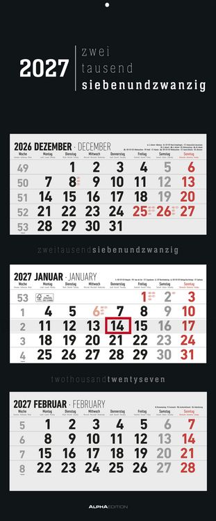 Produktbild: 3-Monatskalender Black 2027