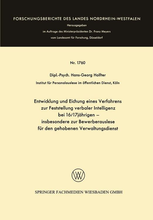 Produktbild: Entwicklung und Eichung eines Verfahrens zur Feststellung verbaler Intelligenz bei 16/17j&auml;hrigen