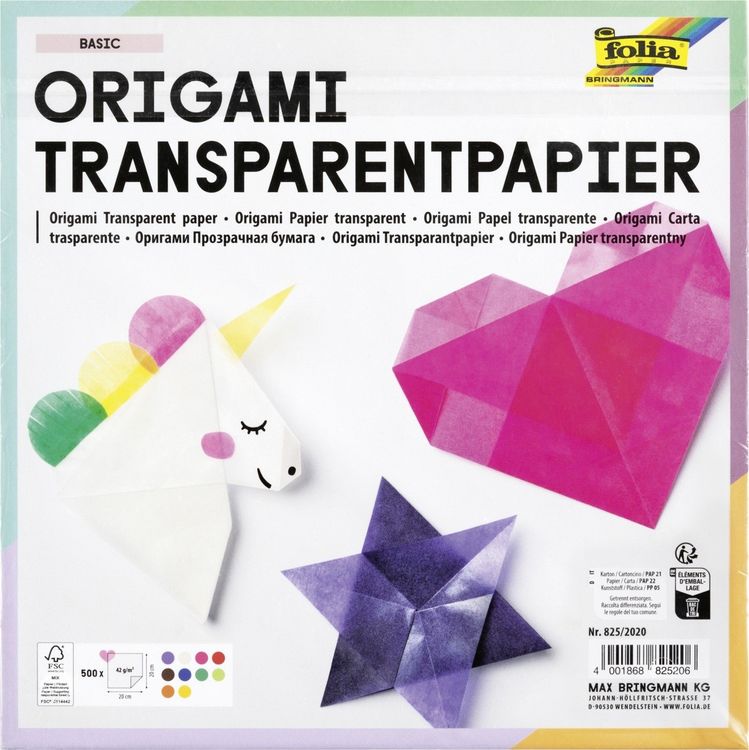 Produktbild: Folia Transparentpapier-Faltbl&auml;tter 42g/m&sup2;, 20x20cm, 500 Blatt, farbig sortiert
