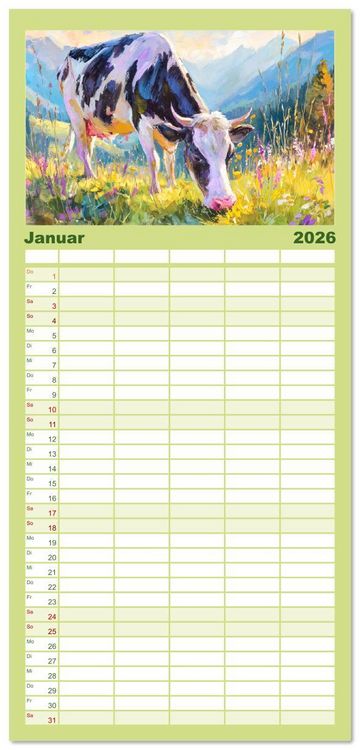 Produktbild: Familienplaner 2026 - Almseelen im Licht der Berge. Charmante K&uuml;he in kunstvoller &Ouml;loptik mit 5 Spalten (Wandkalender, 21 x 45 cm) CALVENDO