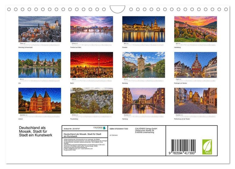 Produktbild: Deutschland als Mosaik. Stadt f&uuml;r Stadt ein Kunstwerk (Wandkalender 2027 DIN A4 quer), CALVENDO Monatskalender