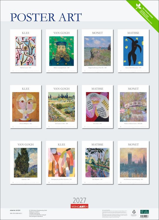Produktbild: Poster Art Kalender 2027 - Monet Van Gogh Matisse Klee