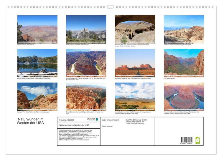 Produktbild: Naturwunder im Westen der USA (Wandkalender 2026 DIN A2 quer), CALVENDO Monatskalender