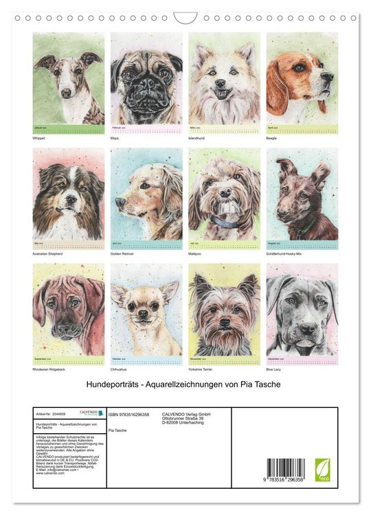 Produktbild: Hundeportr&auml;ts - Aquarellzeichnungen von Pia Tasche (Wandkalender 2026 DIN A3 hoch), CALVENDO Monatskalender