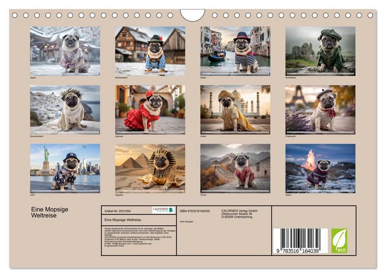Produktbild: Eine Mopsige Weltreise (Wandkalender 2026 DIN A4 quer), CALVENDO Monatskalender