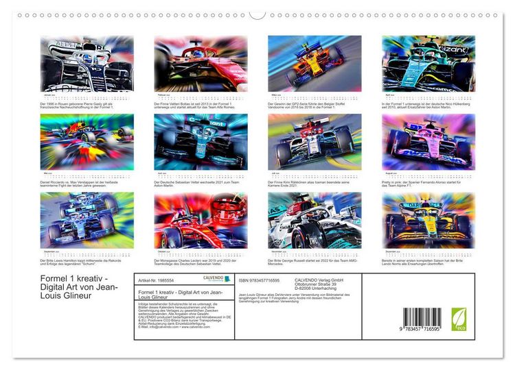 Produktbild: Formel 1 kreativ - Digital Art von Jean-Louis Glineur (hochwertiger Premium Wandkalender 2026 DIN A2 quer), Kunstdruck in Hochglanz