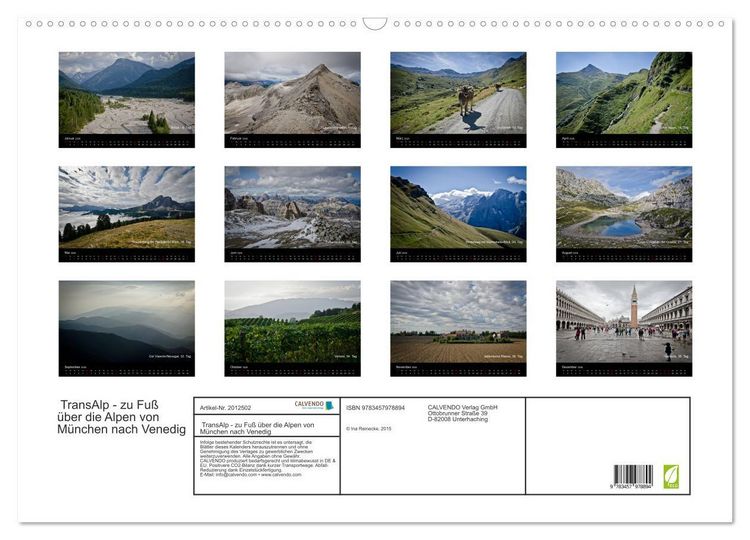 Produktbild: TransAlp - zu Fu&szlig; &uuml;ber die Alpen von M&uuml;nchen nach Venedig (Wandkalender 2026 DIN A2 quer), CALVENDO Monatskalender