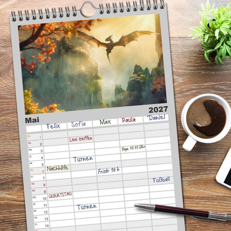 Produktbild: Familienplaner 2027 - Das Jahr der Drachen mit 5 Spalten (Wandkalender, 21 x 45 cm) CALVENDO
