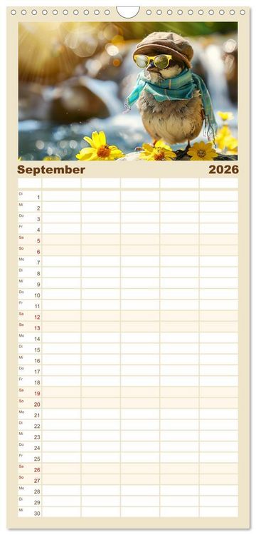 Produktbild: Familienplaner 2026 - Niedliche V&ouml;gel! Trendige Schnabelstars erobern die Modewelt mit 5 Spalten (Wandkalender, 21 x 45 cm) CALVENDO
