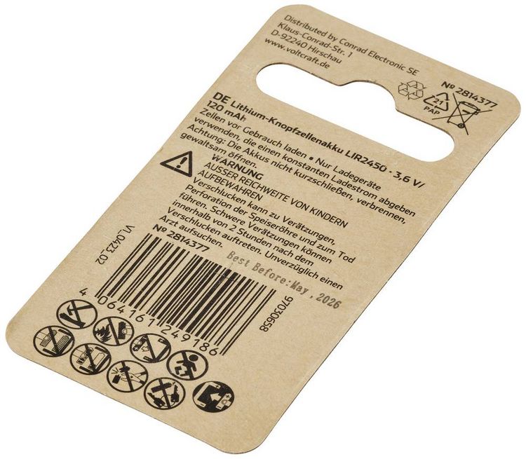 Produktbild: VOLTCRAFT LIR2450 Knopfzellen-Akku LIR2450 Lithium 120 mAh 3.6V 1St.