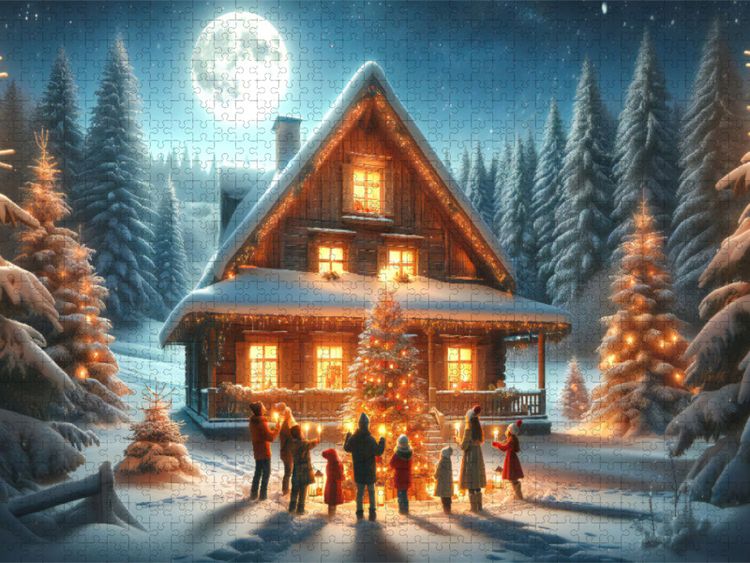 Produktbild: CALVENDO Puzzle Zusammenkunft am Weihnachtsbaum - Weihnachtliche Familienzeit | 1000 Teile Lege-Gr&ouml;&szlig;e 64x48cm Foto-Puzzle f&uuml;r gl&uuml;ckliche Stunden