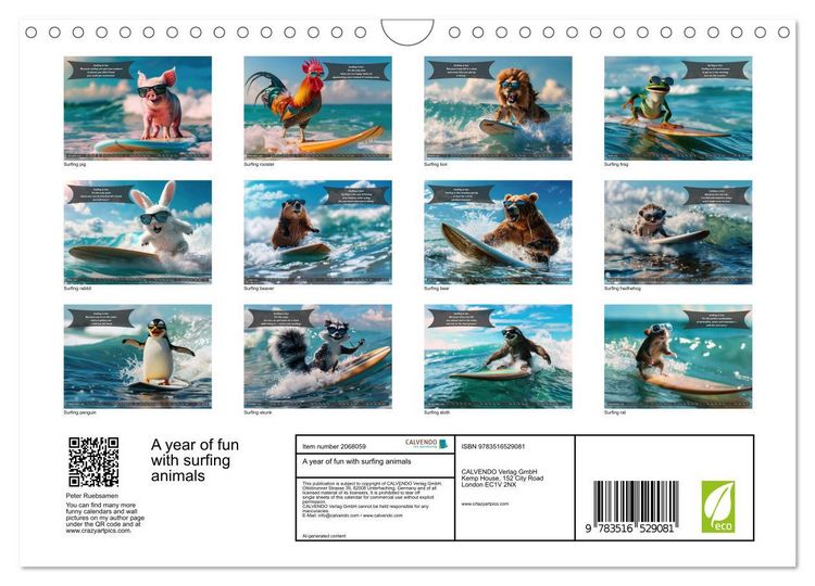 Produktbild: A year of fun with surfing animals (Wall Calendar 2026 DIN A4 landscape), CALVENDO 12 Month Wall Calendar