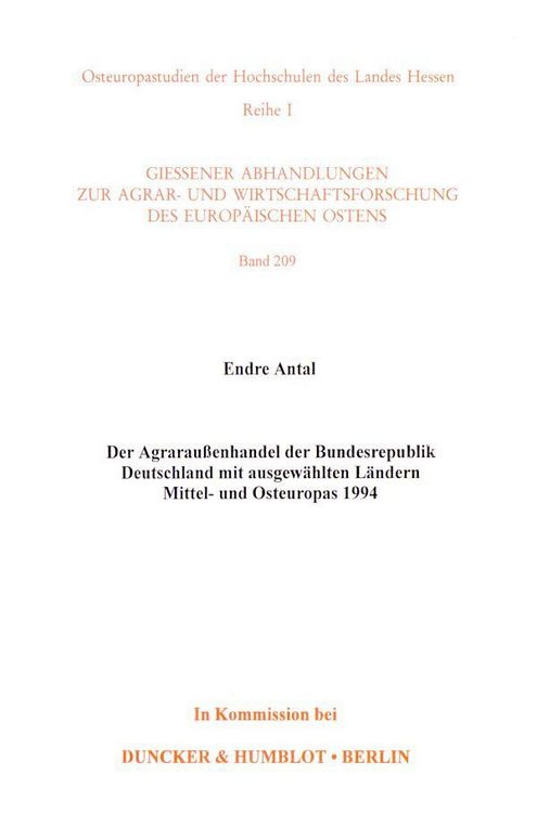 Produktbild: Der Agrarau&szlig;enhandel der Bundesrepublik Deutschland mit ausgew&auml;hlten L&auml;ndern Mittel- und Osteuropas 1994.