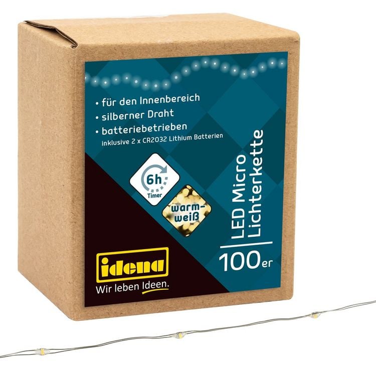 Produktbild: Idena Lichterkette 100 Micro LED warmwei&szlig; 6h Timer 10,2m