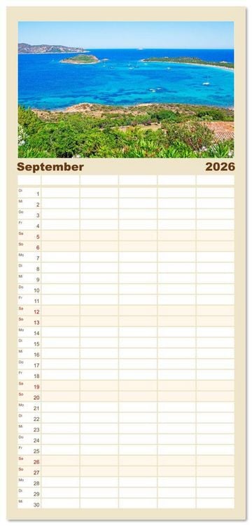 Produktbild: Familienplaner 2026 - Sardinien Insel mit Meerblick mit 5 Spalten (Wandkalender, 21 x 45 cm) CALVENDO