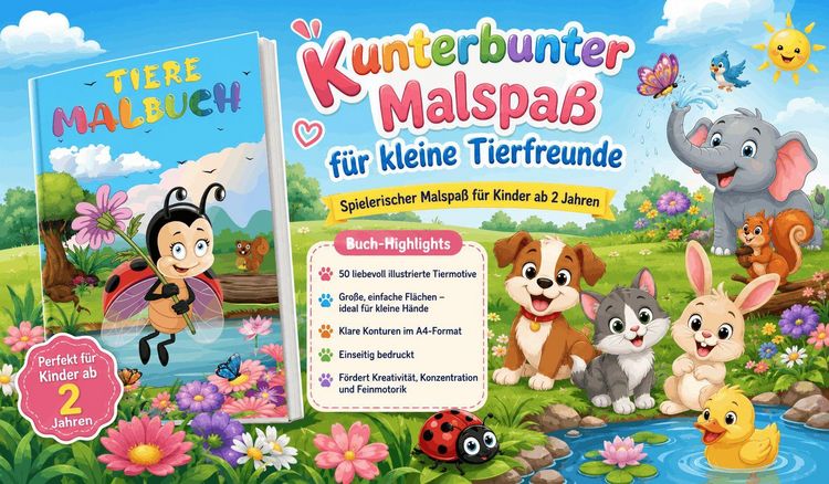 Produktbild: Tiere Malbuch f&uuml;r Kinder ab 2 Jahren mit 50 sch&ouml;nen Tiermotiven zum Ausmalen