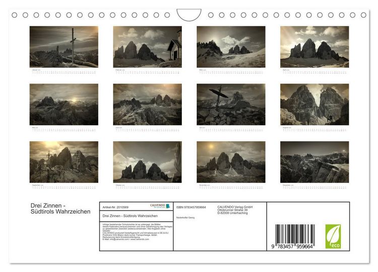 Produktbild: Drei Zinnen - S&uuml;dtirols Wahrzeichen (Wandkalender 2026 DIN A4 quer), CALVENDO Monatskalender