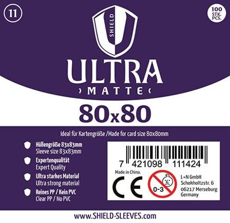 Produktbild: Shield Sleeves 1027385 - Shield Ultra Matte 11, 100 Super Sleeves f&uuml;r Kartengr&ouml;&szlig;e 80 x 80 mm, Spielkarten-Schutzh&uuml;llen