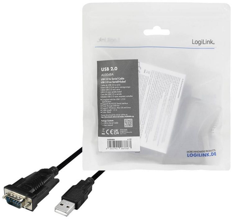 Produktbild: LogiLink Seriell Adapter [1x USB 2.0 Stecker A - 1x D-SUB-Stecker 9pol.] 1.5m Schwarz