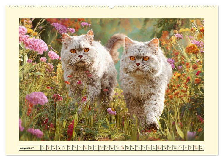 Produktbild: Selkirk Rex Katzen. Lockenzauber im Blumengarten (hochwertiger Premium Wandkalender 2026 DIN A2 quer), Kunstdruck in Hochglanz