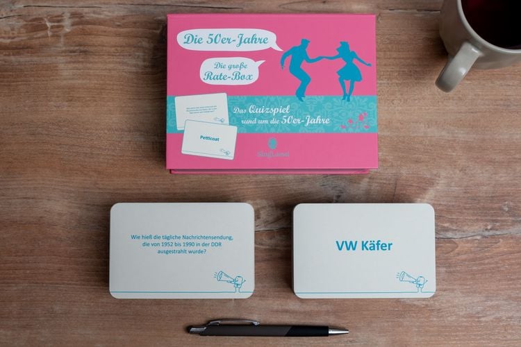 Produktbild: Das 50er-Jahre-Quiz. Das gro&szlig;e Quiz-Spiel f&uuml;r Senioren rund um die 50er. Spiele-Box mit 100 Karten. Spiel und Ged&auml;chtnistraining f&uuml;r Senioren.