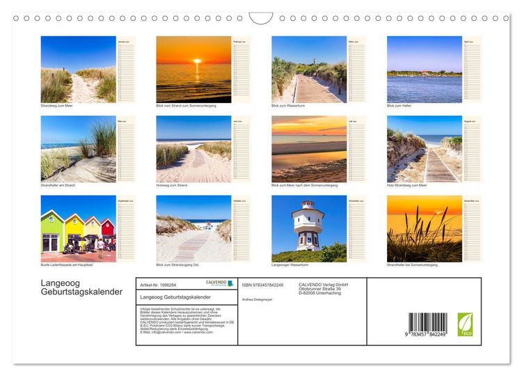 Produktbild: Langeoog Geburtstagskalender (Wandkalender 2026 DIN A3 quer), CALVENDO Monatskalender