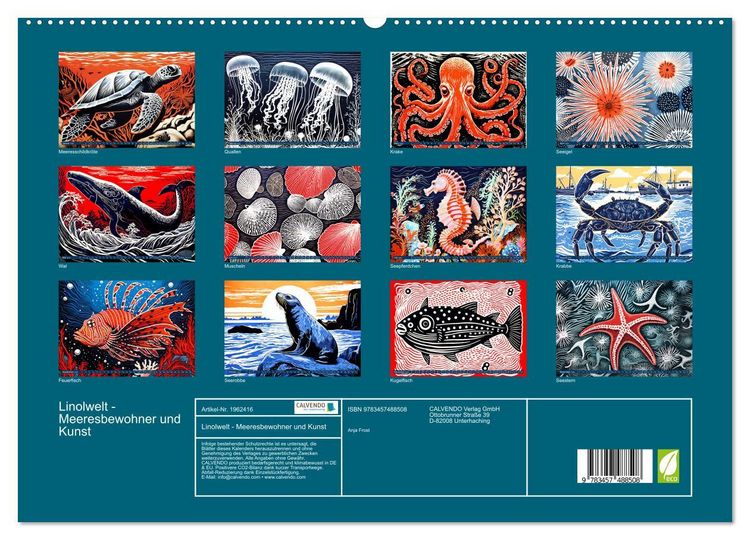 Produktbild: Linolwelt - Meeresbewohner und Kunst (hochwertiger Premium Wandkalender 2026 DIN A2 quer), Kunstdruck in Hochglanz