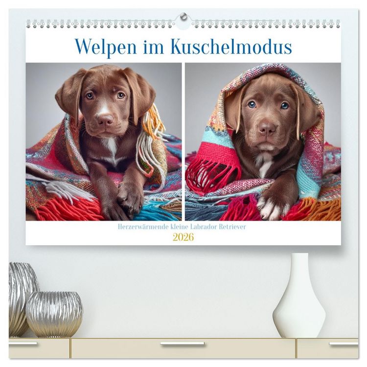 Produktbild: Welpen im Kuschelmodus - Herzerw&auml;rmende kleine Labrador Retriever (hochwertiger Premium Wandkalender 2026 DIN A2 quer), Kunstdruck in Hochglanz
