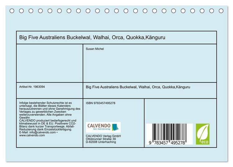 Produktbild: Big Five Australiens Buckelwal, Walhai, Orca, Quokka,K&auml;nguru (Tischkalender 2026 DIN A5 quer), CALVENDO Monatskalender