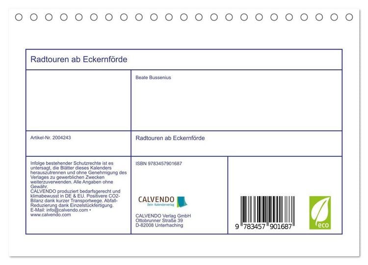 Produktbild: Radtouren ab Eckernf&ouml;rde (Tischkalender 2026 DIN A5 quer), CALVENDO Monatskalender