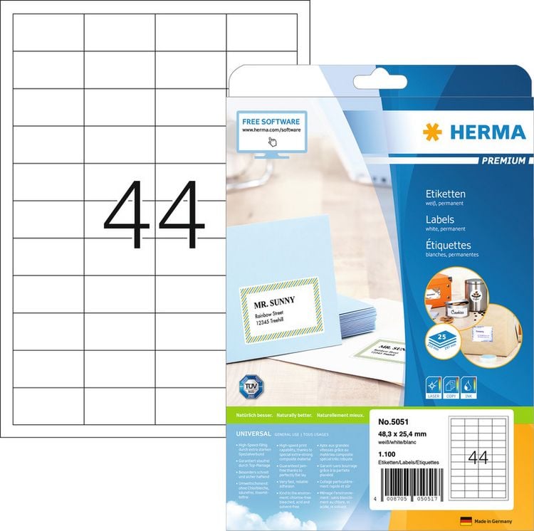 Produktbild: HERMA Etiketten permanent wei&szlig; 48,3x25,4mm 25 Blatt 1100 St&uuml;ck