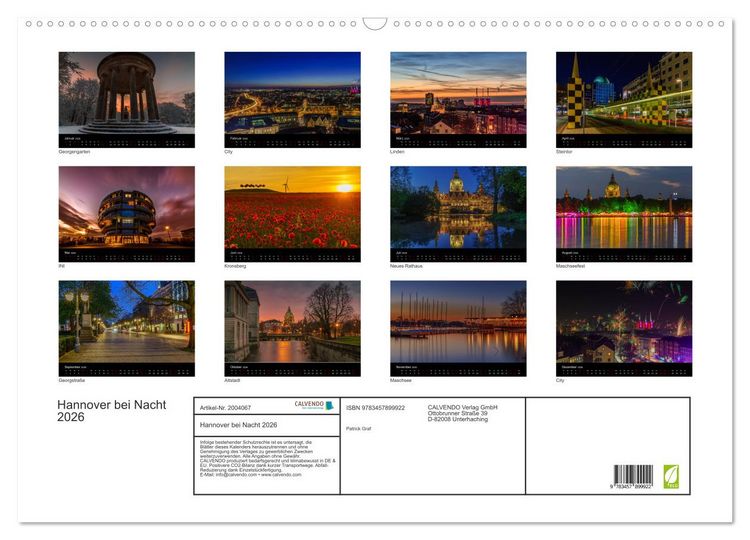 Produktbild: Hannover bei Nacht 2026 (Wandkalender 2026 DIN A2 quer), CALVENDO Monatskalender