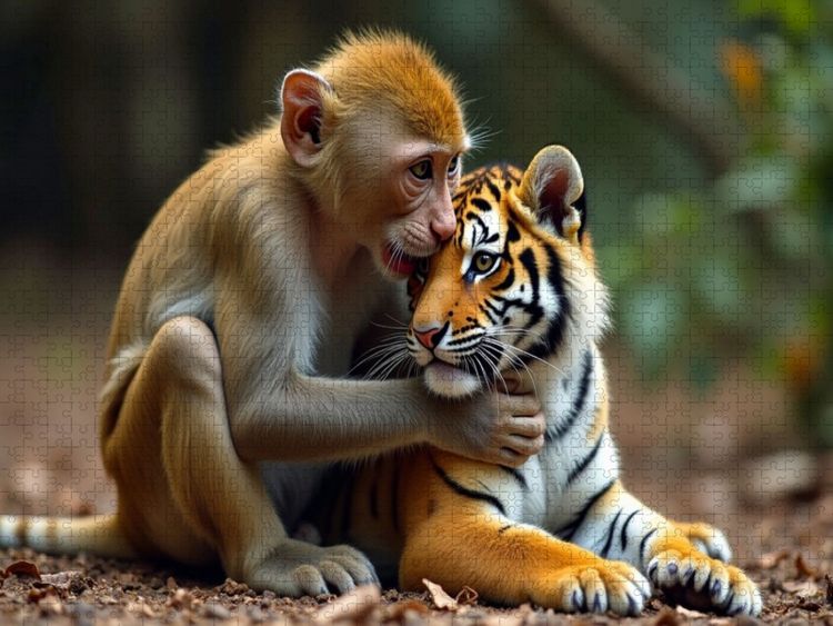 Produktbild: CALVENDO Puzzle &Auml;ffchen mit jungem Tiger | 2000 Teile Lege-Gr&ouml;&szlig;e 90x67cm Foto-Puzzle f&uuml;r gl&uuml;ckliche Stunden